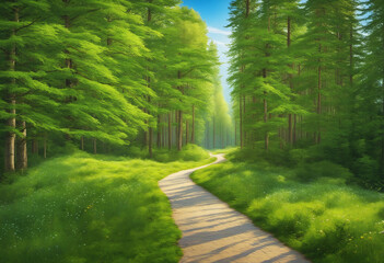 The road in the forest. Nature landscape. The path in woodland. Sunny summer day. Trees on a background of blue sky. Green trees in the forest.