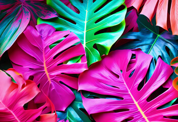 Creative fluorescent color layout made of tropical leaves. Light Play with tropical leaves.