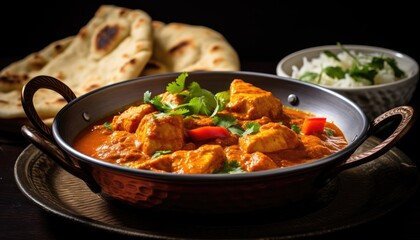 Pan Filled With Chicken Curry Next to Plate of Pita Bread and Naan