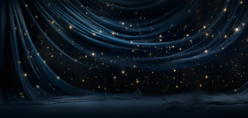 starry curtain fabric with gold stars and sparse dim lighting; a product display background