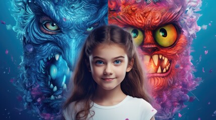 A cute girl against the background of painted colorful, bright monsters