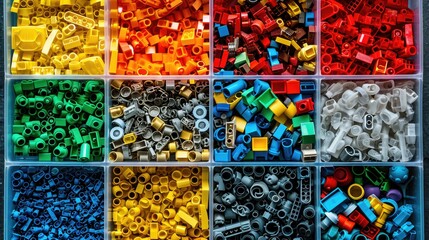 Close-up top view of many colorful children's construction set parts sorted by color. The bright plastic parts fit neatly into a storage container box