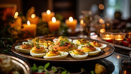 Fototapeta premium Deviled Eggs on Table With Candles, A Delightful Appetizer Display