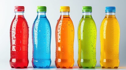 Five plastic bottles with bright drinks of different colors on an isolated background