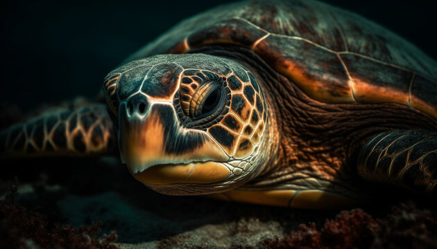 A slow, large turtle swimming in the blue underwater world generated by AI