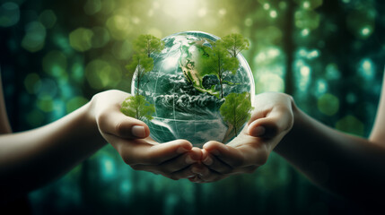 Environmental technology concept. Sustainable development goals. SDGs. Green Earth with Environment icons. Saving the environment, and environmentally sustainable. Environment World Earth Day