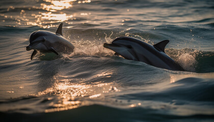 Playful dolphins jumping in the blue water under the summer sun generated by AI