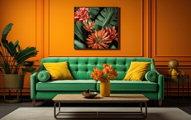 A vibrant bright color couch and table set against a colorful wall of furniture creates a bold interior design statement that brings a wild energy to any room