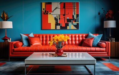 A vibrant bright color couch and table set against a colorful wall of furniture creates a bold interior design statement that brings a wild energy to any room