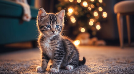 Portrait of a tabby kitten in the interior of an apartment. AI - obrazy, fototapety, plakaty