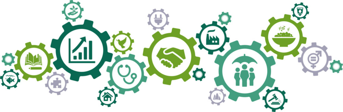 sustainable development vector illustration. Green concept with icons related to global social responsibility, infrastructure, sanitation & equality, peace & justice, education, economic progress.