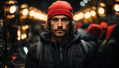 Fototapeta premium A confident young man in winter clothing, looking at camera generated by AI