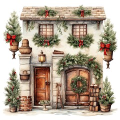 Fototapeta na wymiar Watercolor Christmas house clipart