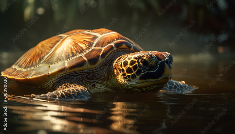 Poster a slow turtle crawls underwater, its shell a beautiful pattern generated by ai