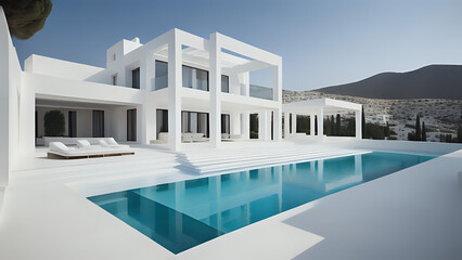 a white hotel with a luxury swimming pool 