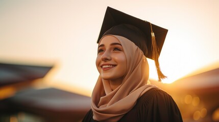 Young girl wearing a hijab with a graduation cap smiling happily