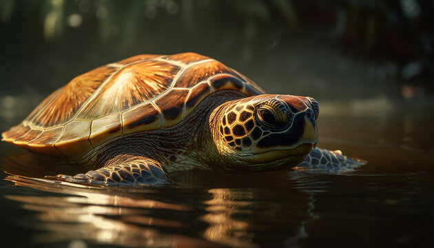 A slow turtle crawls underwater, its shell a beautiful pattern generated by AI