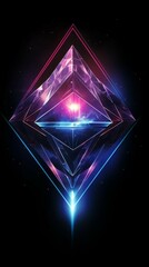 minimalist neon diamond shape with a gradient of blue and purple hues against a clean black background. Sparkling light round brilliant cut diamond with shadow. Generative ai