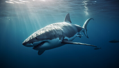 Fototapeta premium Majestic underwater adventure large fish, danger, scuba diving, natural beauty generated by AI