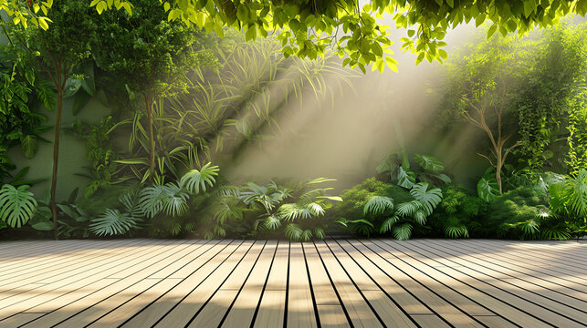 Wooden decking and plant garden decorative with lighting effect.