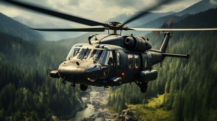 A Military Helicopter Flying Above The Forest - obrazy, fototapety, plakaty