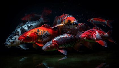 A vibrant collection of multi colored fish swimming in an underwater pond generated by AI