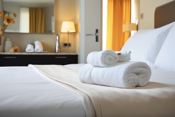 Fresh white towels on a double bed in a hotel room with clean white linens and sunlight coming from a window. Hotel service concept.