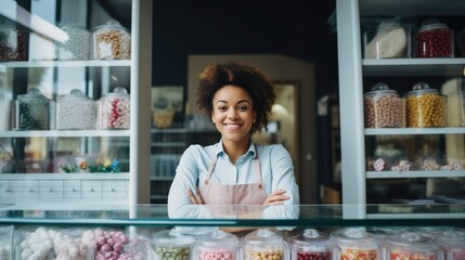 Vibrant young woman with curly hair smiling confidently behind a candy store counter, displaying an assortment of sweets