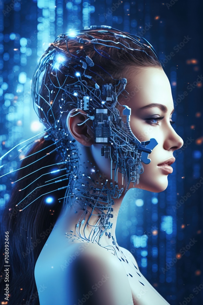 Poster attractive female robot with artificial intelligence. futuristic illustration of connection between 