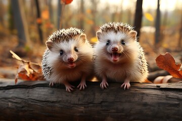 Cheerful smiling hedgehogs in the forest on a tree trunk