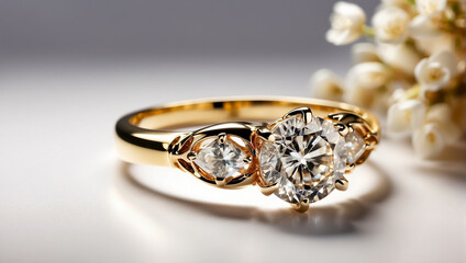 Beautiful gold ring with diamond, flowers luxury