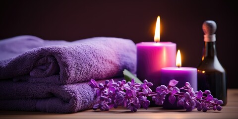 Obraz na płótnie Canvas Zen spa arrangement of purple rolled towels, and purple flowers and lit candles. Purple spa arrangement, beauty and relaxation concepts.
