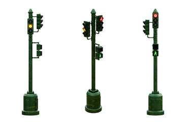 Old traffic light on a white background isolate. 3D render.