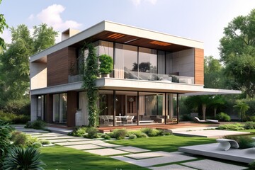 Fototapeta na wymiar Modern Residential Architecture: Small Luxury Home Design with Beautiful Exterior and Gardens
