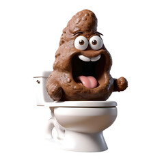 3d render poop cartoon character sitting toilet seat on isolated transparent background.