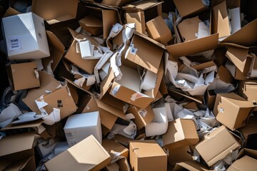 A pile of empty carton boxes. Mess, carton waste pollution, excessive production, residues, environmental problems, garbage for recycling, recyclable materials.
