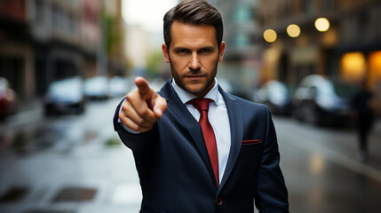 Man in suit pointing his finger at you and the camera