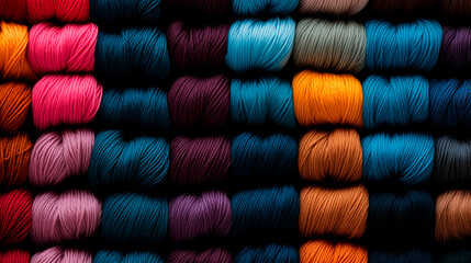 Imagen con madejas de lana de vivos colores para usarlo como fondo - obrazy, fototapety, plakaty