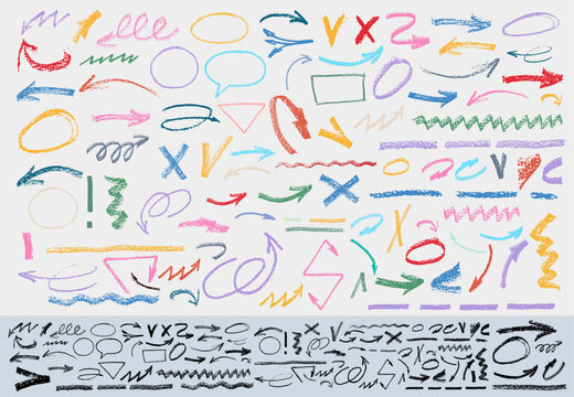 Charcoal Pencil Curly Lines, Squiggles and Shapes. Grunge Pen Scribbles Set. Hand Drawn Pencil Lines, Doodles. Bright Color Charcoal or Chalk Drawing. Vector Rough Crayon Strokes. Ink Color Splatters.