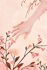 Mother and Child Hand Connection Illustration. A child's hand gently squeezing a mother's hand, surrounded by blooming pink flowers on a warm pastel background, symbolizing the bonds of motherhood. Ho