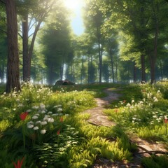 forest clearing with trees sunny morning