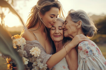 Three Generations Women Family Embrace. A heartfelt portrait of three generations of women - a young woman, her mother and grandmother - sharing a tender embrace outdoors at sunset. Horizontal photo - Powered by Adobe