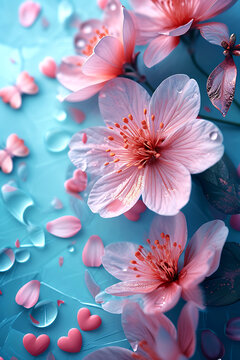 Ethereal Cherry Blossoms with Hearts Background. Delicate cherry blossoms in soft pink tones complemented by hearts on a cool blue textured background are perfect for spring or love designs with plent