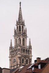 Munich, Germany - May 01, 2022: Church bell tower in the cultural center of Munich