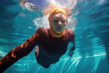 Arabian woman in burkini swims in the pool - obrazy, fototapety, plakaty