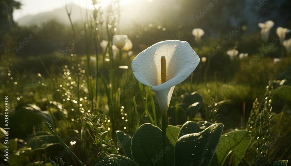 Wall mural fresh green grass and flowers bloom in the meadow springtime beauty generated by ai