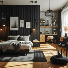 View of Modern Bedroom Interior with Black Decoration