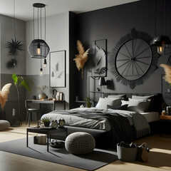 View of Modern Bedroom Interior with Black Wall Clock