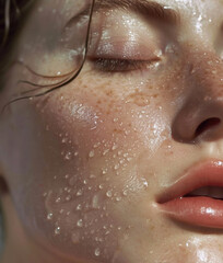 Portrait of beautiful natural woman with dewy wet skin