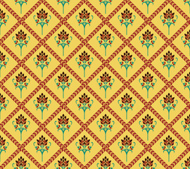 Beautiful Indonesian batik Pattern with a dominant yellow color background, Geometric pattern kaleidoscope, print for clothing and Textile, Allover prints